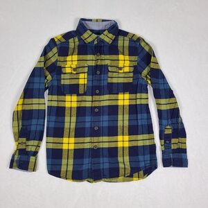 Cat & Jack Plaid Button-Down Long Sleeve Shirt Boys Medium 8 / 10 Yellow & Blue